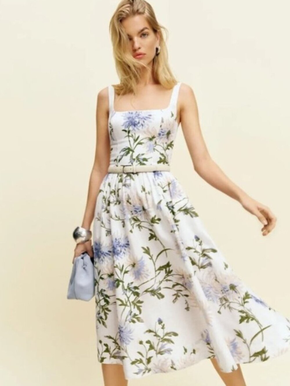 NEW Reformation Janu Midi Linen Dress Serenity White Blue Floral | US 6 / UK 10 - Picture 2 of 14